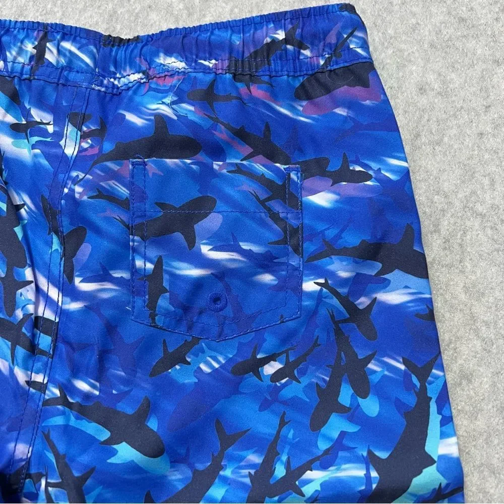 Lands' End Kids Swim Trunks Shark Print Size Small 6/7 Elastic Drawstring Waist